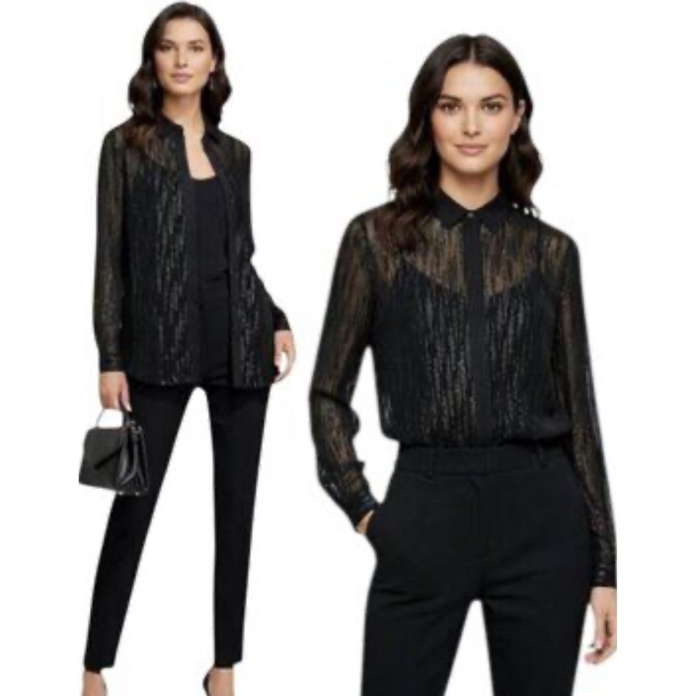 Reiss Black Sheer Metallic Pinstripe Button Up Blouse Goth‎ Romantic Night Out 4